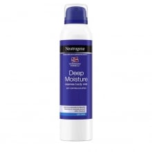 Deeply Moisturised Skin Is Only A Mist Away | Neutrogena® Norwegian Formula Deep Moisture Express Body Mist A tall cylindrical metallic white can with a dark purple plastic lid and a dark purple label that has Neutrogena® Norwegian Formula Deep Moisture Express Body Mist written in bright white writing on it, on a white background.