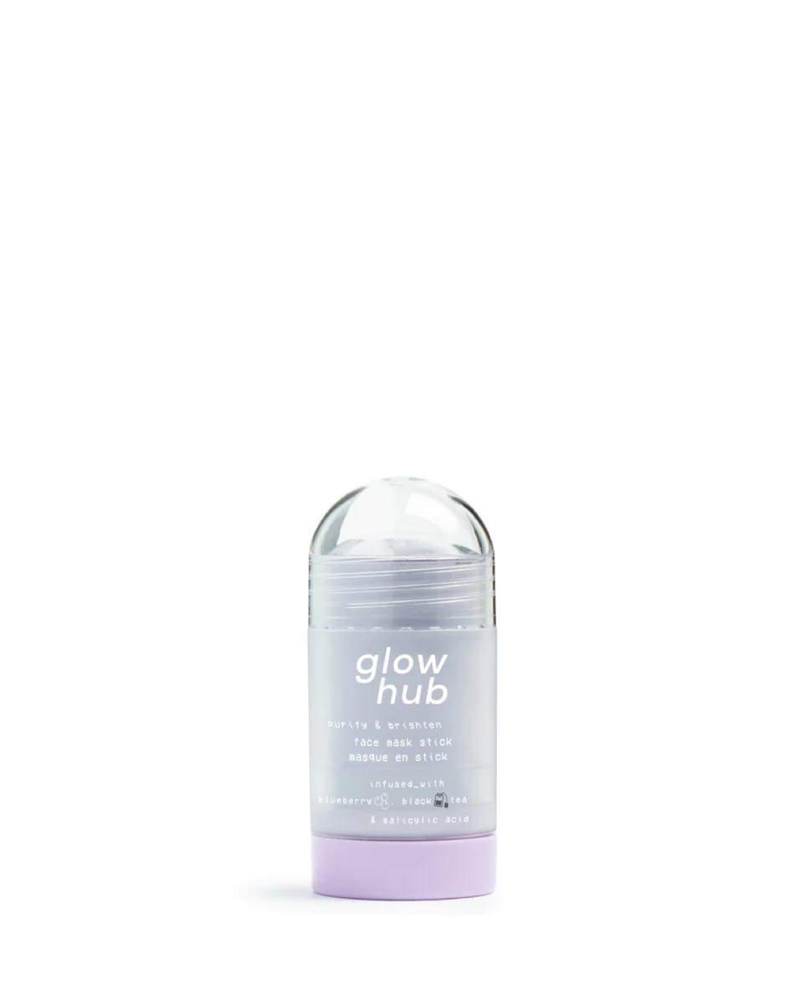 A tall cylindrical clear plastic twist up tube with a light purple dial and a clear frosted label that has Glow Hub Purify & Brighten Face Mask Stick written in bright white writing on it, on a white background.