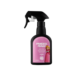 A tall black plastic kitchen spray bottle that has Lush Princess Peach Body Spray written in bold white writing on it, on a white background.