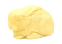 A small golden yellow rabbit shaped block of soap, on a white background.
