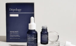 A short cylindrical translucent blue Glass bottle with a white rubber pipette lid that has Depology Matrixyl 3000 Collagen Boosting Serum written in bright white writing on it next to a miniature translucent blue glass bottle with a white rubber pipette lid that has Depology Matrixyl 3000 Collagen Boosting Serum written in bright white writing on it and a medium rectangular light blue cardboard box that has Depology Matrixyl 3000 Collagen Boosting Serum Travel Set written in bright white writing on it, on a white background.