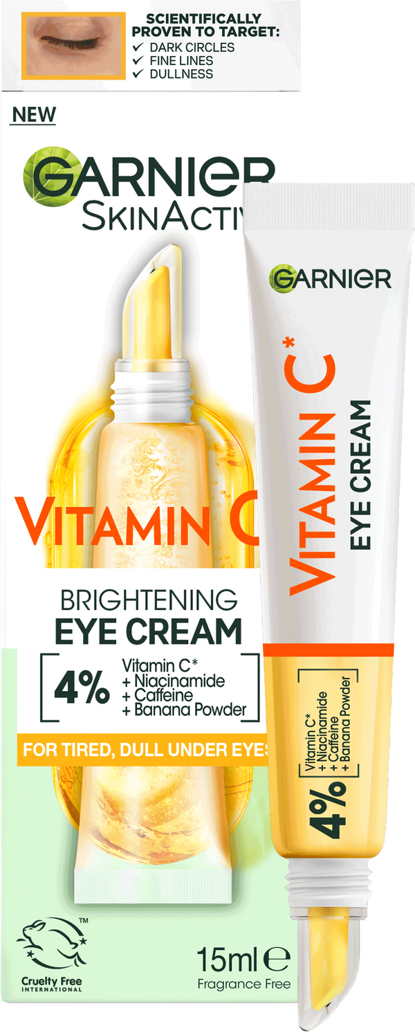 There Must Be Diamonds In Your Eyes | Garnier SkinActive Brightening Vitamin C Eye Cream | Gifted A long and thin conical gradient bright white and yellow plastic tube with a white plastic lid that has Garnier SkinActive Brightening Eye Cream written in bold black writing and Vitamin C written in bright orange writing on it, on a white background.