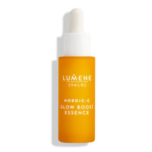 A short cylindrical bright orange glass Bottle with a white Rubber Pipette Lid and a bright orange label that has Lumene Nordic-C [Valo] Glow Boost Essence written in bright white writing on it, on a white background.