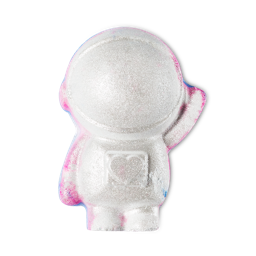 A bright white astronaut shaped Bath Bomb that has some patches of bright blue, some patches of bright pink, and some silver lustre all over it, on a white background.