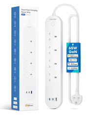 A long rectangular white plastic plug socket extension lead that has four plug sockets, one USB port, and 2 USBC ports in it, on a white background.
