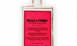 A large rectangular clear glass bottle full of some clear liquid with a clear plastic lid and a pink label that has Molly & Tommy Spirits Drama Queen Vodka written in bold black writing on it, on a white background.