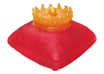 A large rectangular bright red pillow shaped block of soap that has a 3d creamy white Crown on top of it covered in some bright gold lustre, on a white background.