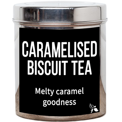 A short cylindrical silver metal tin with a black label that has bird & blend tea company Caramelised Biscuit Loose Leaf Tea written in bold white writing on it, on a white background.