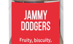 A short cylindrical silver metal tin with a bright red label that has bird & blend tea company jammy Dodgers Loose Leaf Tea written in bold white writing on it, on a white background.