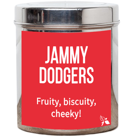 Tea Tastes Terrific | Bird & Blend Tea Company Biscuit Tea Collection A short cylindrical silver metal tin with a bright red label that has bird & blend tea company jammy Dodgers Loose Leaf Tea written in bold white writing on it, on a white background.