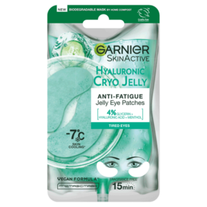 A long thin rectangular shiny silver plastic pouch that has Garnier SkinActive Anti-Fatigue Hyaluronic Acid & Icy Cucumber Eye Patches written in bold black writing and a picture of a slice of bright green Cucumber and some cubes of white ice on it, on a white background.