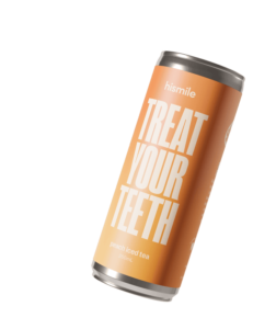 A tall cylindrical silver Plastic Bottle with a bright orange label that has Hismile Peach Iced Tea written in bright white writing on it, on a white background.