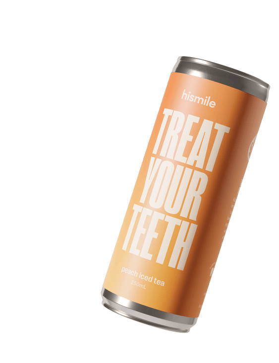 My Smile Has Finally Found A Toothpaste That Tastes Nice | Hismile Peach Iced Tea Toothpaste A tall cylindrical silver Plastic Bottle with a bright orange label that has Hismile Peach Iced Tea written in bright white writing on it, on a white background.