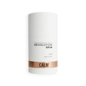 A short cylindrical white Plastic Bottle with a white Plastic Lid and a white label that has Revolution Skincare written in bright silver writing and Cica Comfort Moisturiser written in bold black writing on it, on a white background.