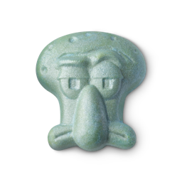 A large ocean blue squid’s head shaped bubble bar that’s covered in some silver lustre and has some large eyes, a bulbous nose and a frown engraved on it, on a white background.