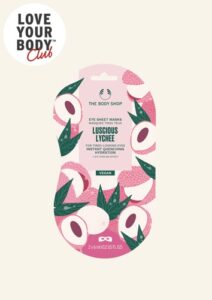 A short rectangular bright pink plastic Pouch that has The Body Shop Luscious Lychee Eye Sheet Masks written in dark green writing and a picture of some bright pink slices of Lychee on it, on a white background.