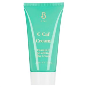 A tall conical bright green plastic tube with a white plastic lid that has BYBI C-Caff Cream written in pale golden yellow writing on it, on a white background.