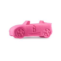 A medium hot pink convertible car shaped bubble bar that has a light pink letter B engraved on it, on a white background.