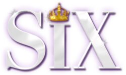 A large dark purple crown that has Six written in bold black writing underneath it, on a white background.