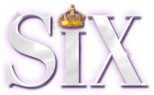 A large dark purple crown that has Six written in bold black writing underneath it, on a white background.