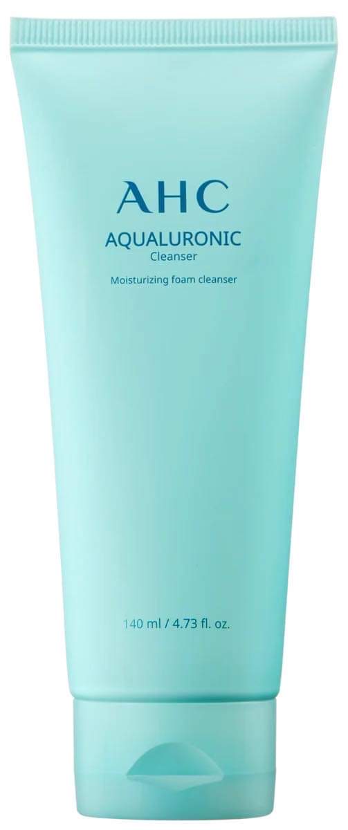 A tall conical white plastic Tube with a white plastic Lid that has AHC Aqualuronic Hydrating Cleanser written in bold black writing on it, on a white background.