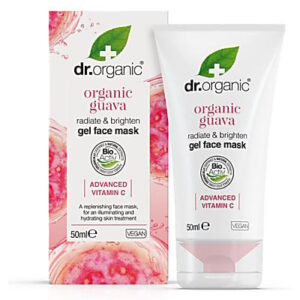 A short conical bright white plastic tube with a clear plastic lid that has Dr. Organic written in bright pink writing and Guava Face Mask written in bold black writing on it, on a white background.