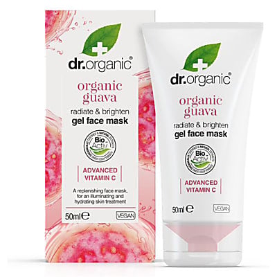 A short conical bright white plastic tube with a clear plastic lid that has Dr. Organic written in bright pink writing and Guava Face Mask written in bold black writing on it, on a white background.