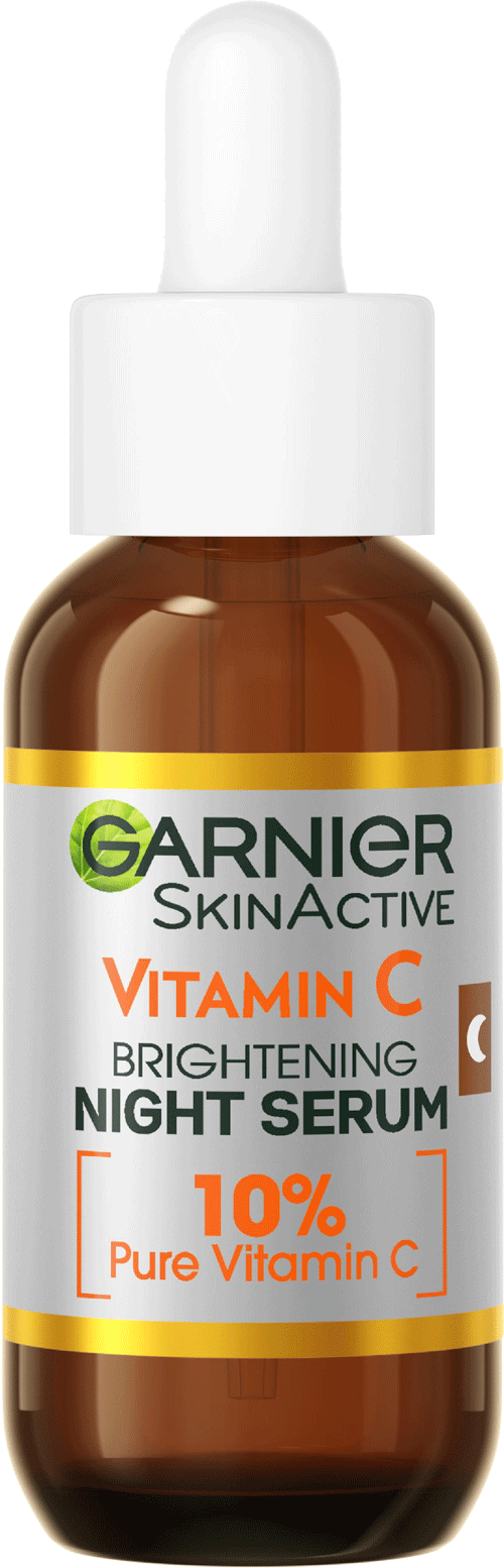 The Sky Is Looking Very Dark Tonight | Garnier SkinActive Anti-Dark Spot Night Serum A short rounded cylindrical brown glass bottle with a white rubber pipette lid and a silver label that has Garnier SkinActive Anti-Dark Spot Night Serum written in bold black writing and Vitamin C written in bright orange writing on it, on a white background.