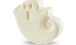 A large bright white ghost shaped block of soap that has a shocked expression engraved on it, on a white background.