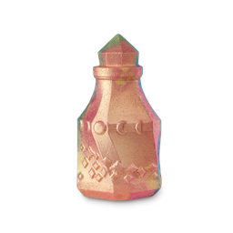 Marvellous Marzipan Magic | Lush Snowcake Soap and Snow Angel Bath Melt A medium bright white triangular potion bottle shaped bath bomb that has some moon faces and some pieces of bright gold lustre engraved on it, on a white background.