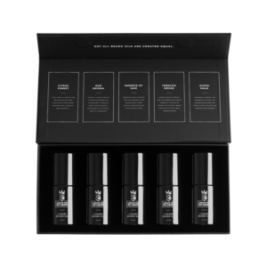A large rectangular black cardboard box that has Lord Of The Beards LOTB Gift Set written in bright white writing on it, on a white background.