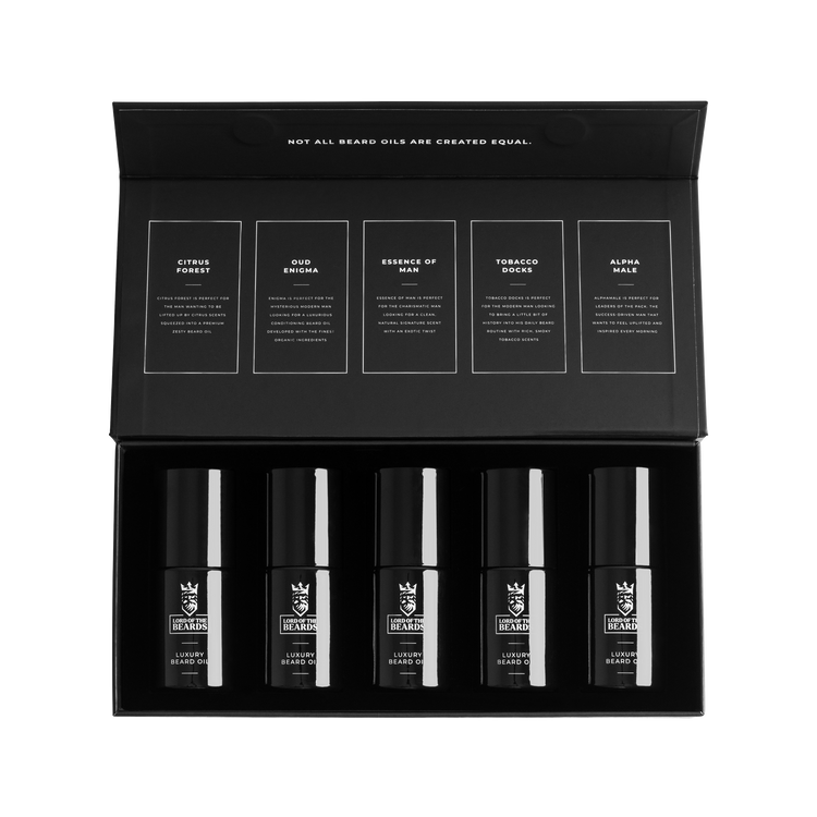Admirals Always Have The Best Beards | Admiral Grooming Beard Grooming Trio Gift Set A large rectangular black cardboard box that has Lord Of The Beards LOTB Gift Set written in bright white writing on it, on a white background.