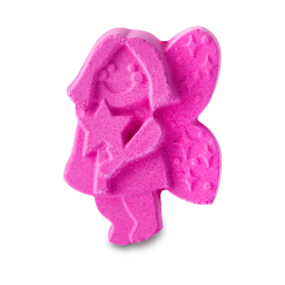 A medium bright pink Fairy shaped bath bomb that has some glittery silver lustre wings and a glittery silver lustre wand, on a white background.