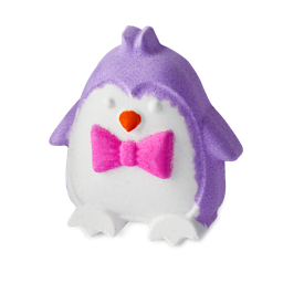 A large bright purple penguin shaped bath bomb that has a bright white belly and a bright pink bow tie engraved on it, on a white background.