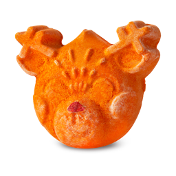 A medium bright orange reindeer’s head shaped bath bomb that has a bright red nose engraved on it, on a white background.