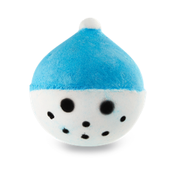 A large bright white spherical snowman's head shaped bath bomb with a bright blue Bobble Hat that has a bold black smiley face engraved on it, on a white background.