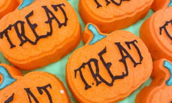 A large bright Orange Pumpkin Shaped Bath Bomb that has Treat written in bold black writing on it, on a white background.