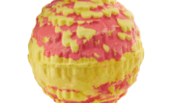 A medium spherical gradient bright red and yellow marigold flower shaped bath Bomb that’s coated in some gold lustre, on a white background.