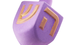 A medium dark purple dreidel shaped bath bomb that has some bright gold Hebrew letters engraved on it, on a white background.