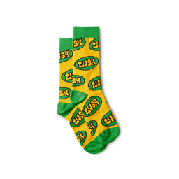 A bright yellow sock with a bright lime green toe and heel that has a lime green oval pattern and Lush written in bright yellow writing all over it, on a white background.