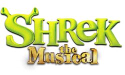 A Poster that has Shrek written in bold bright green writing and The Musical written in bright gold writing on it, on a white background.