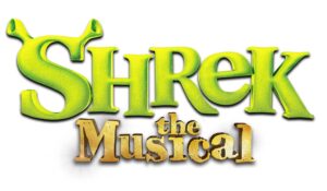 A Poster that has Shrek written in bold bright green writing and The Musical written in bright gold writing on it, on a white background.
