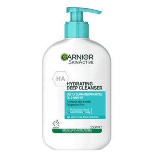 A tall rounded rectangular bright white plastic bottle with a bright green plastic pump lid that has Garnier SkinActive written in bright green writing and Hydrating Deep Cleanser written in bold black writing on it, on a white background.