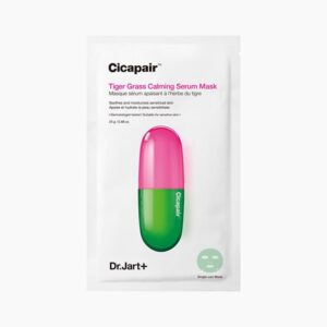 A tall rectangular bright white paper pouch that has Dr. Jart+ Cicapair™ Tiger Grass Calming Serum Mask written in bold black writing and a picture of a gradient bright pink and green capsule on it, on a white background.