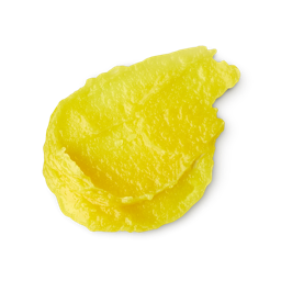 A medium circular puddle of some neon yellow lip butter, on a white background.