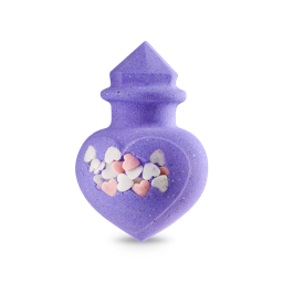 A medium bright Purple heart Potion Bottle shaped Bath Bomb that has some pieces of bright Pink and White Confetti embedded on it, on a white background.