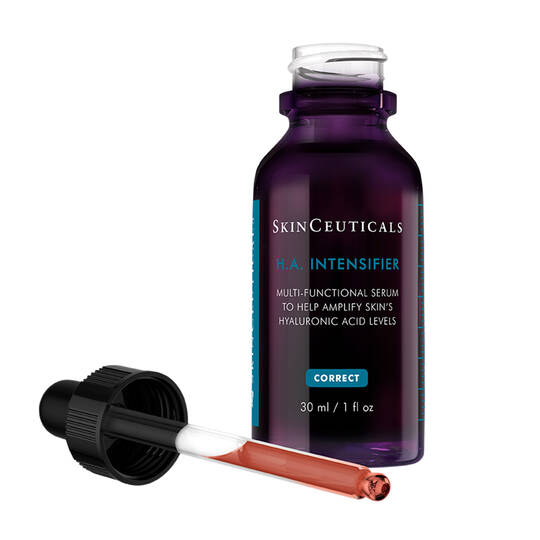 Intensively Hydrating My Skin Using Hyaluronic Acid | SkinCeuticals H.A. Hyaluronic Acid Intensifier Serum | Sample A short cylindrical dark purple glass bottle with a white rubber pipette lid and a white label that has Skinseuticals H.A. Hyaluronic Acid Intensifier Serum written in bold black writing on it, on a white background.