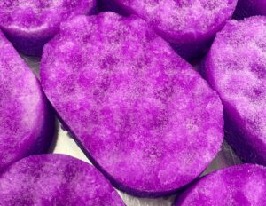 A pile of some dark purple oval sponges all covered in some sparkly dark purple shower gel, on a white background.