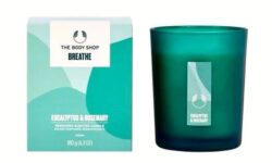 A short cylindrical glass jar full of some bright teal wax with a white label that has The Body Shop Breathe Eucalyptus & Rosemary Renewing Scented Candle written in bold black writing on it next to a medium pale teal cardboard box with a white label that has The Body Shop Breathe Eucalyptus & Rosemary Renewing Scented Candle written in bold black writing on it, on a white background.