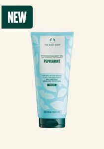 A tall conical dark green plastic tube with a dark green plastic lid and a gradient dark blue and white label that has The Body Shop Peppermint Invigorating Body Gel written in dark green writing and some pictures of some dark green mint leaves on it, on a white background.